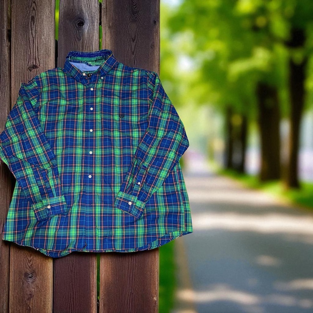 Green and Blue Plaid Button-Up Shirt Chaps XXL